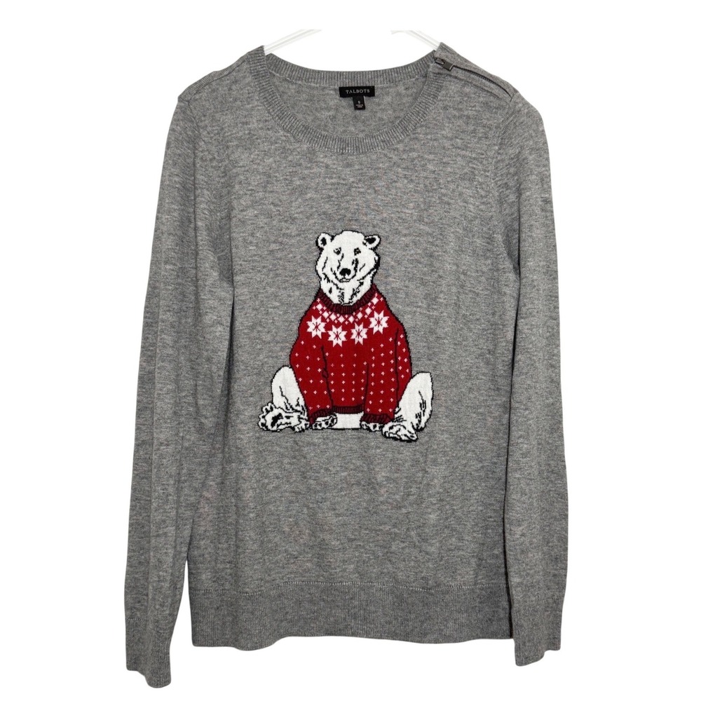Talbots Sweater Gray Polar Bear Lambswool Blend Women S Intarsia Knit Crewneck